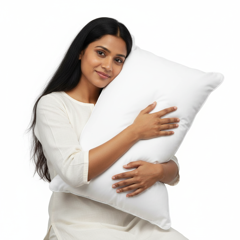Woman holding a white pillow against a white background