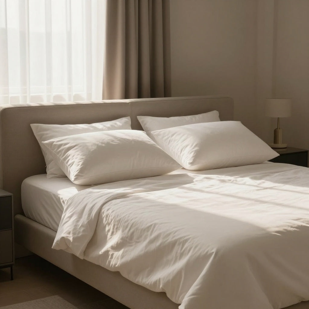 Neatly made bed with white bedding in a softly lit bedroom.