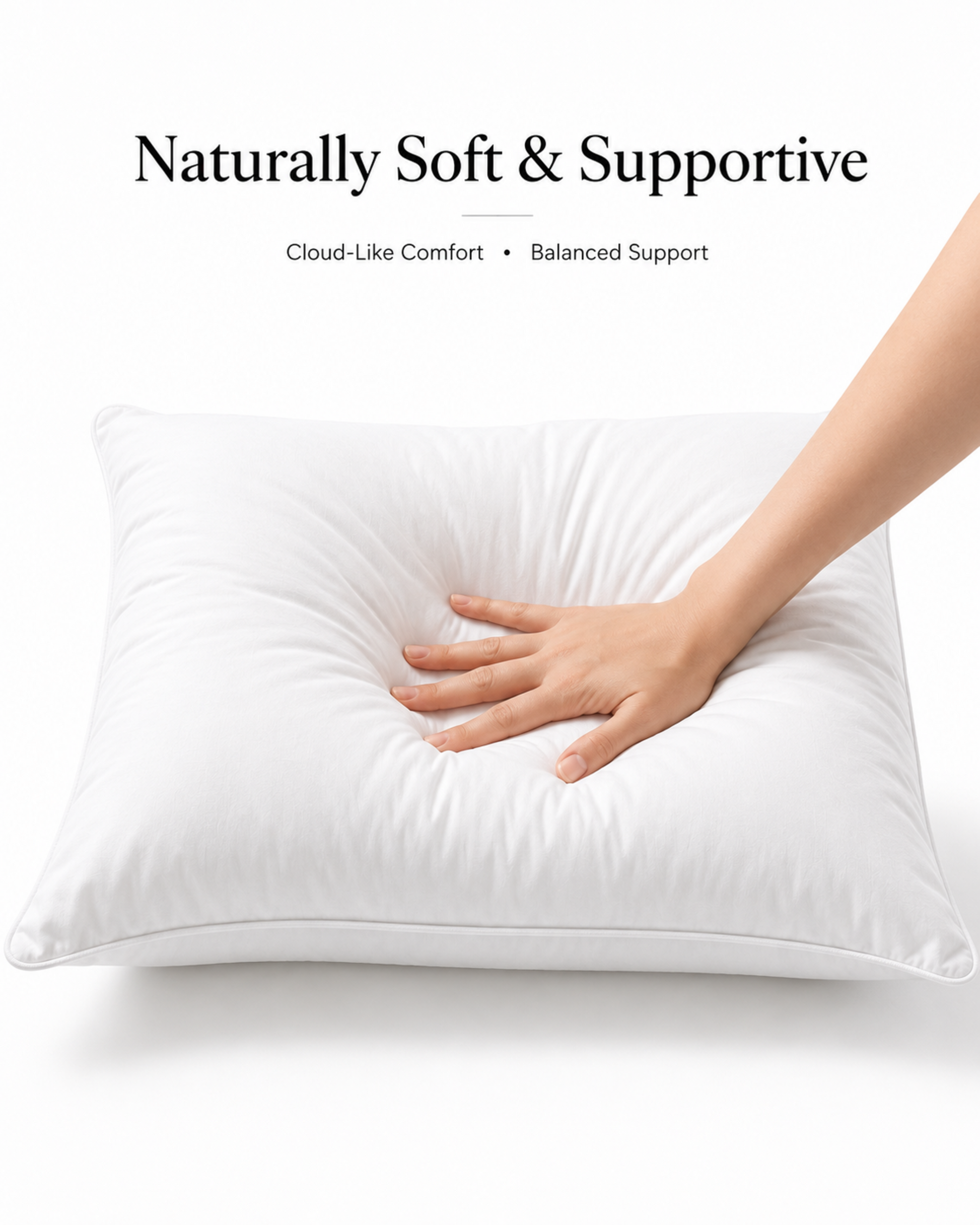A white rectangular pillow shown on a clean white background with marketing text at the top reading 'Naturally Soft & Supportive' and a hand pressing into the center to demonstrate comfort. The product itself is the pillow, and the hand is demonstrating texture and shape rather than making this a lifestyle scene.
