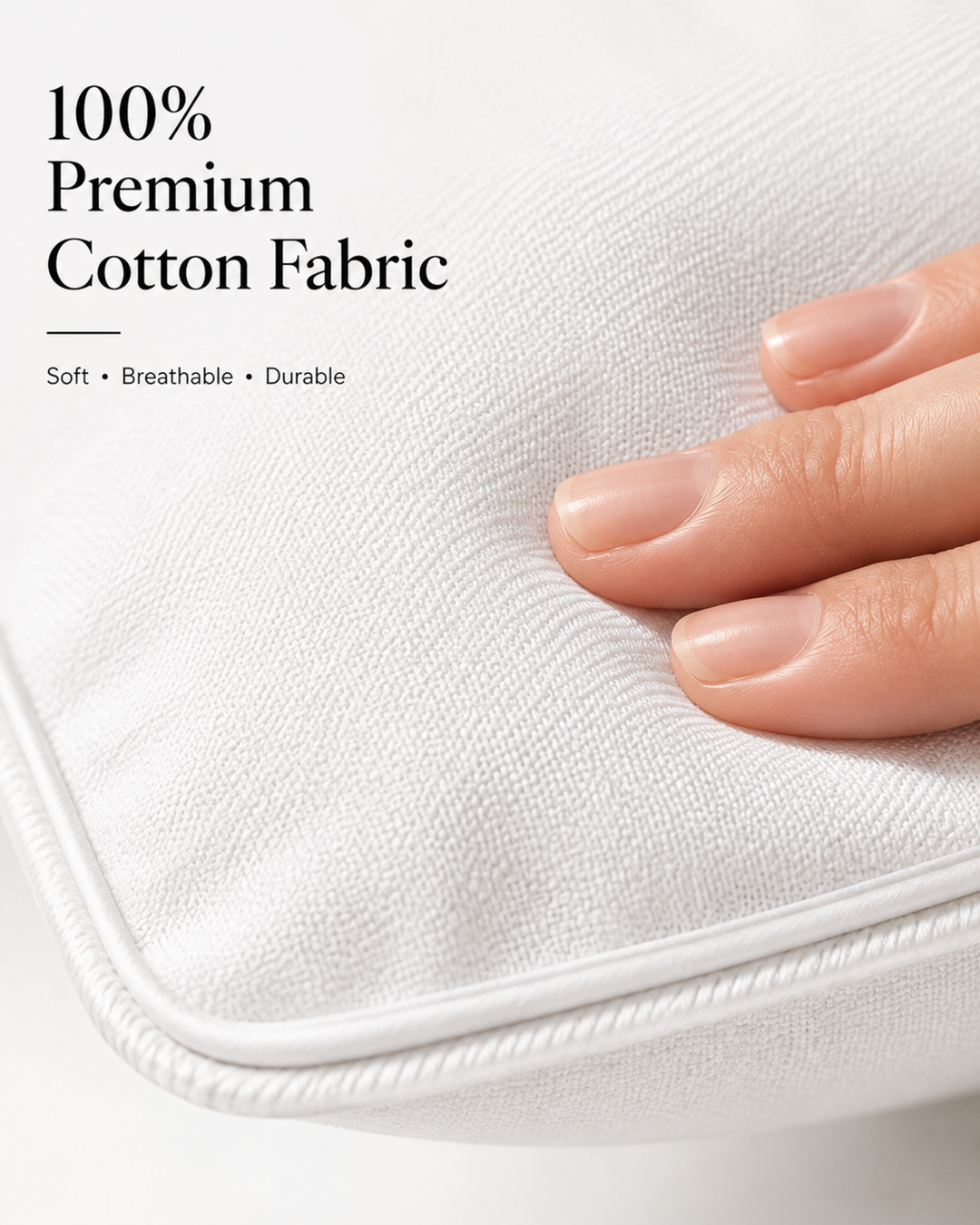 Close-up of a white premium cotton fabric cushion with a hand resting on it, featuring text that reads '100% Premium Cotton Fabric' and 'Soft • Breathable • Durable'.