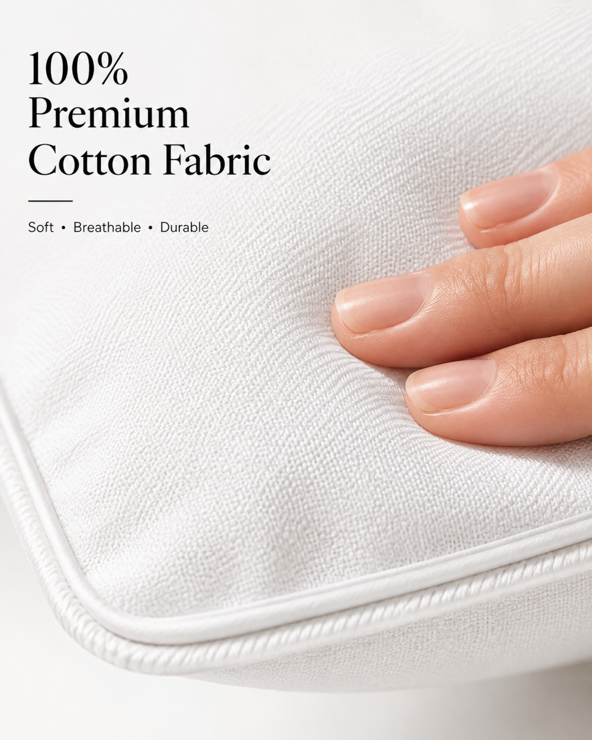 Close-up of a white premium cotton fabric cushion with a hand resting on it, featuring text that reads '100% Premium Cotton Fabric' and 'Soft • Breathable • Durable'.