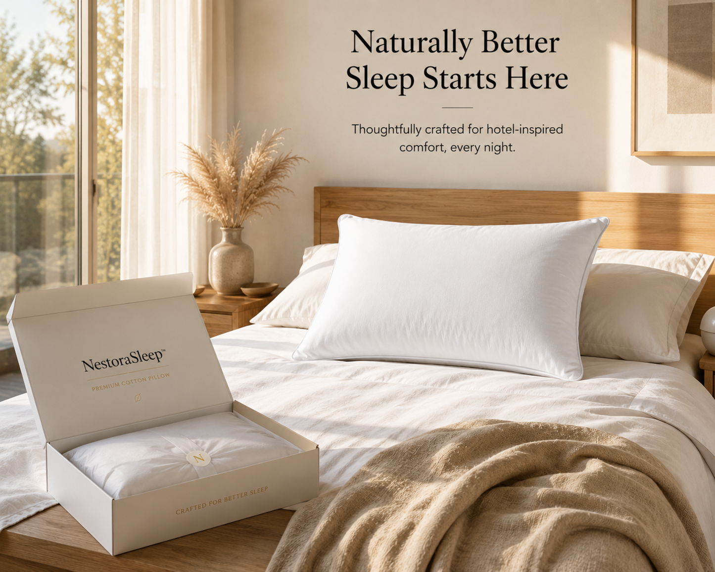 NestoraSleep™ Pure Cotton Pillow | Premium Cotton Sleeping Pillow | Soft & Breathable Bed Pillow | Natural Comfort | White | 16 × 27 Inches